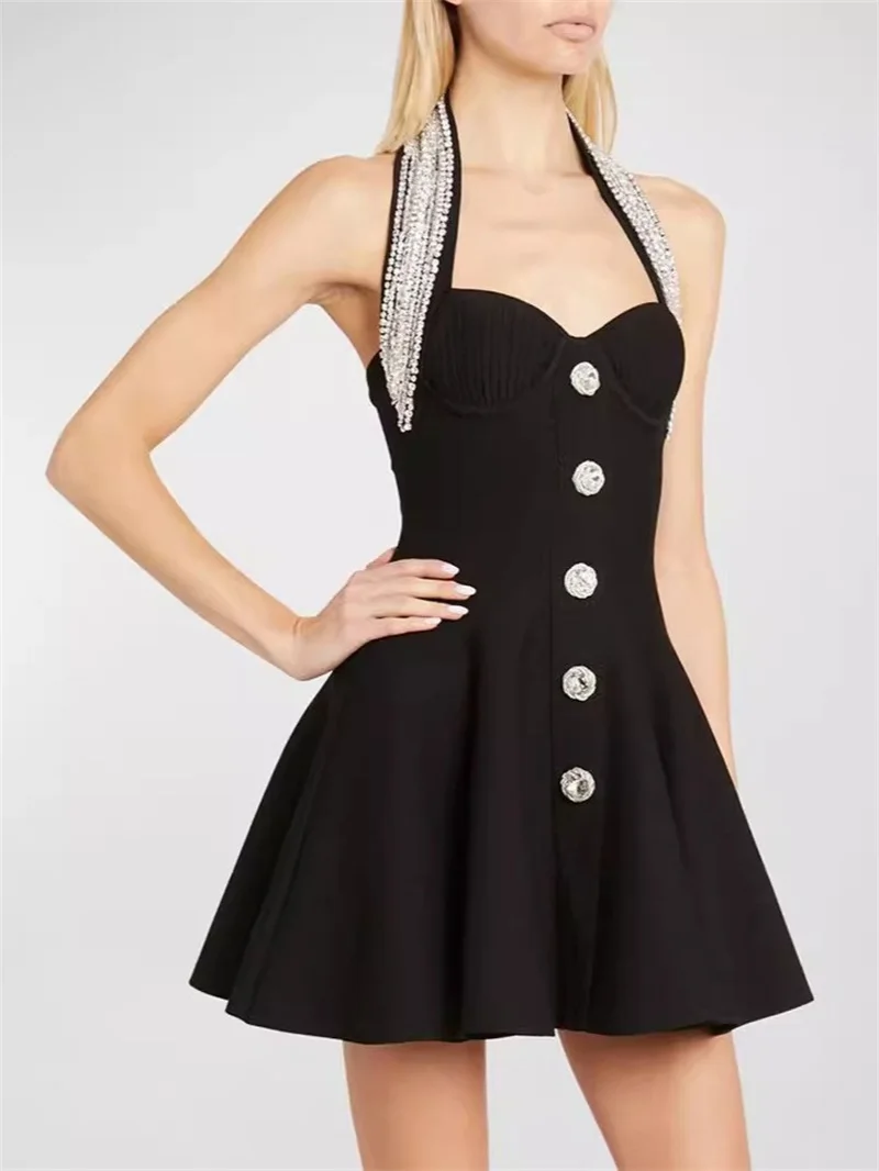 Rhinestone Halter Pleated Women's Prom Dress Buttons Backless Sleeveless Party Gown Black Sheath Slim Evening Skirt New Design
Rhinestone Halter Pleated Women's Prom Dress Buttons Backless Sleeveless Party Gown Black Sheath Slim Evening Skirt New Design