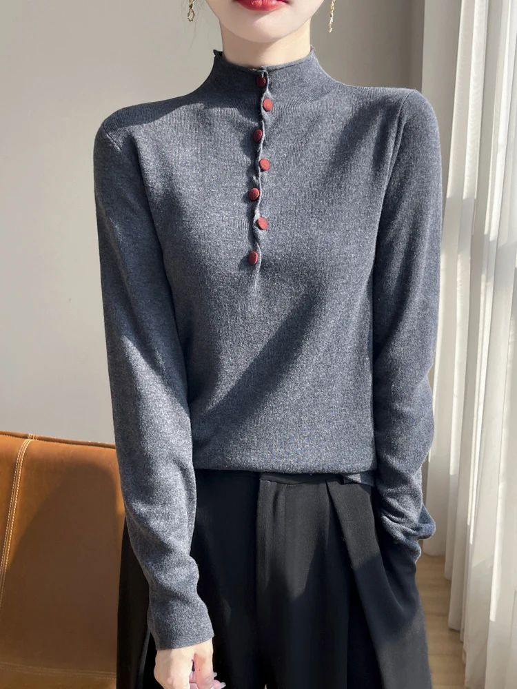 New Fashion Women Wool Pullover Casual Loose Style Mock-Neck Button Cashmere Sweater Autumn Winter 100% Merino Wool Knit
New Fashion Women Wool Pullover Casual Loose Style Mock-Neck Button Cashmere Sweater Autumn Winter 100% Merino Wool Knit