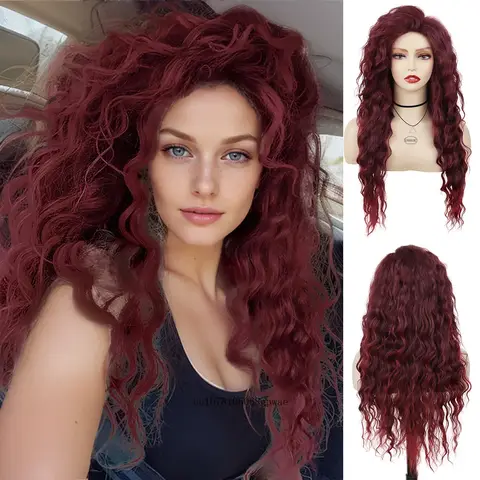 26 Inch Long Wavy Curly Synthetic Hair Wine Red Wig with Free Part Hairline Natural Halloween Costume for Women Cosplay Wigs
