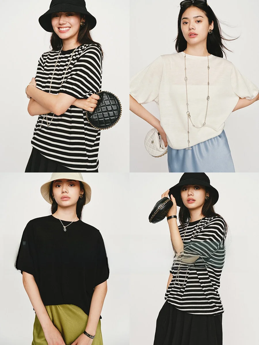 Amyy Studios Summer Breathable Cool Feeling Silk Blend ort Sve Striped Knitted T-irt Women's Loose Fit Commute Sle
Amyy Studios Summer Breathable Cool Feeling Silk Blend ort Sve Striped Knitted T-irt Women's Loose Fit Commute Sle