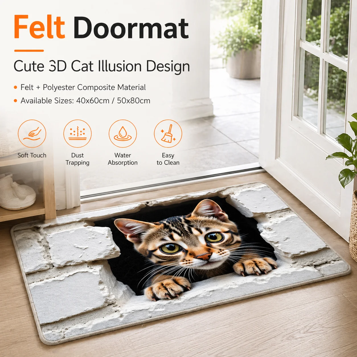 Funny Cat Visual Illusion 2D Flat Printed Door Mat Anti-Slip Cotton Linen Rug Dust Trapping Entrance Floor Mat for Home Decor
Funny Cat Visual Illusion 2D Flat Printed Door Mat Anti-Slip Cotton Linen Rug Dust Trapping Entrance Floor Mat for Home Decor