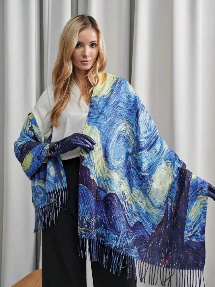 Картина маслом, зимний шарф, женские роскошные кашемировые шали, дизайн Ван Гога, уличный шейный платок с длинным принтом и кисточками, шаль
Картина маслом, зимний шарф, женские роскошные кашемировые шали, дизайн Ван Гога, уличный шейный платок с длинным принтом и кисточками, шаль