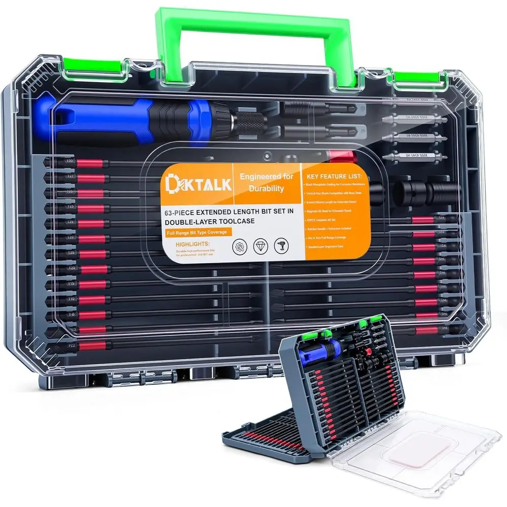 63-Piece 6-Inch Screwdriver Bit Set with Impact-Extended Reach, Magnetic S2 Steel, 1/4 Hex, Variety of Bits, Organized Storage C
63-Piece 6-Inch Screwdriver Bit Set with Impact-Extended Reach, Magnetic S2 Steel, 1/4 Hex, Variety of Bits, Organized Storage C