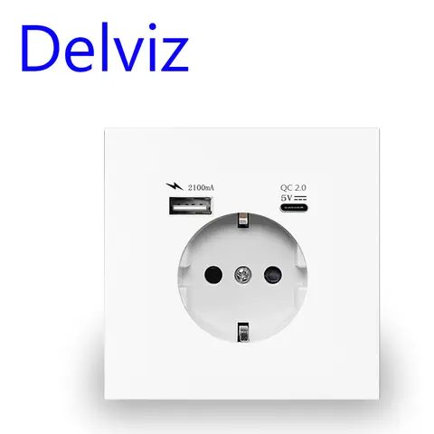 Delviz EU Standard Power Socket, AC 110V-250V, No Logo, 16A Wall Embedded Electric plug Outlet, Type C Charging Wall USB Socket