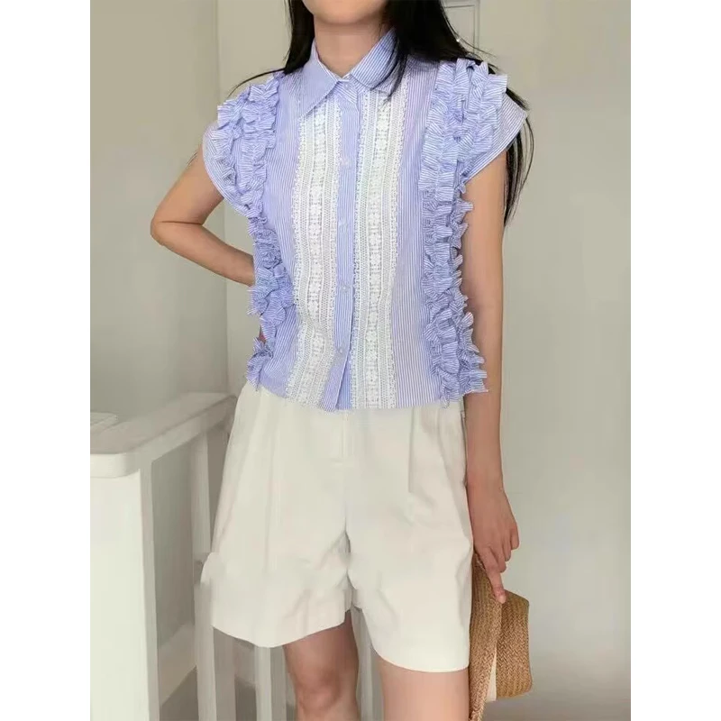 Korean Style Loose Lace Trim Splice Shirt Women's Sleeveless Flip Collar Top Slimming Effect Summer New Arrival
Korean Style Loose Lace Trim Splice Shirt Women's Sleeveless Flip Collar Top Slimming Effect Summer New Arrival