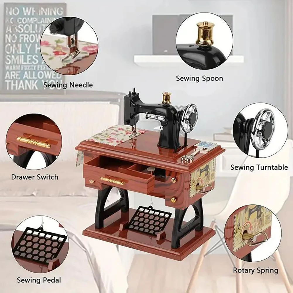 Vintage Sewing Machine Music Box Model Antique Style Treadle Mechanical Desktop Decor Miniature Craft For Nightstand Accents 
Vintage Sewing Machine Music Box Model Antique Style Treadle Mechanical Desktop Decor Miniature Craft For Nightstand Accents