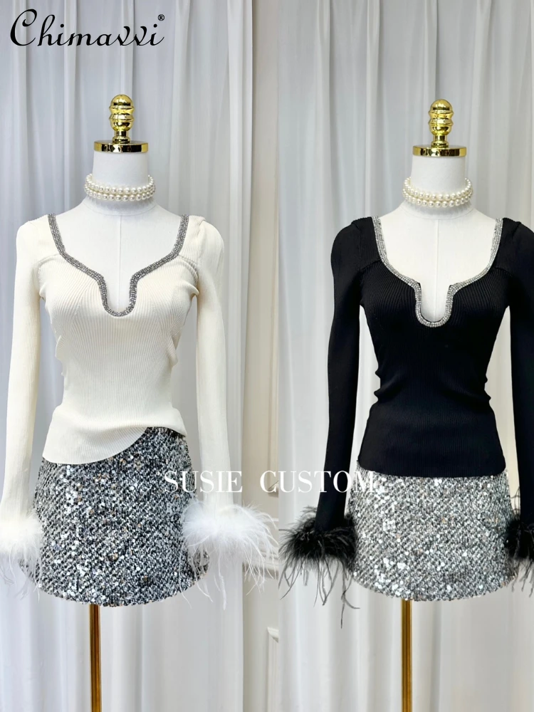 Sexy V-neck Rhinestone Chain Feather Knitted Tops Fashion Spring Summer High Waist Slim Sequined Culottes Ladies Two-Piece Set
Sexy V-neck Rhinestone Chain Feather Knitted Tops Fashion Spring Summer High Waist Slim Sequined Culottes Ladies Two-Piece Set