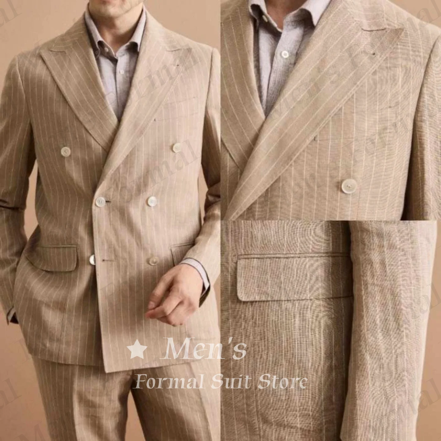 Fashion Beige Stripe 2 Piece Suit Business Jacket Blazer Pants Peak Lapel Formal Meetings Wedding Office Party Customized
Fashion Beige Stripe 2 Piece Suit Business Jacket Blazer Pants Peak Lapel Formal Meetings Wedding Office Party Customized