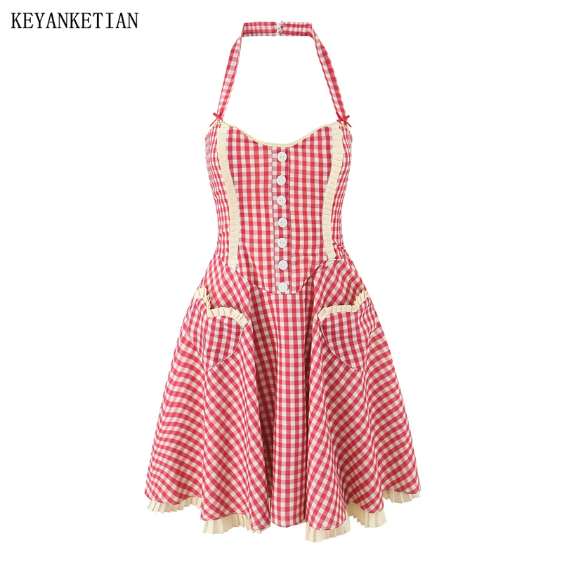 KEYANKETIAN Summer New Pastoral style Halter Plaid Mini Dress Agaric Decoration Women's Slim Chic Pockets Backless Dresses
KEYANKETIAN Summer New Pastoral style Halter Plaid Mini Dress Agaric Decoration Women's Slim Chic Pockets Backless Dresses
