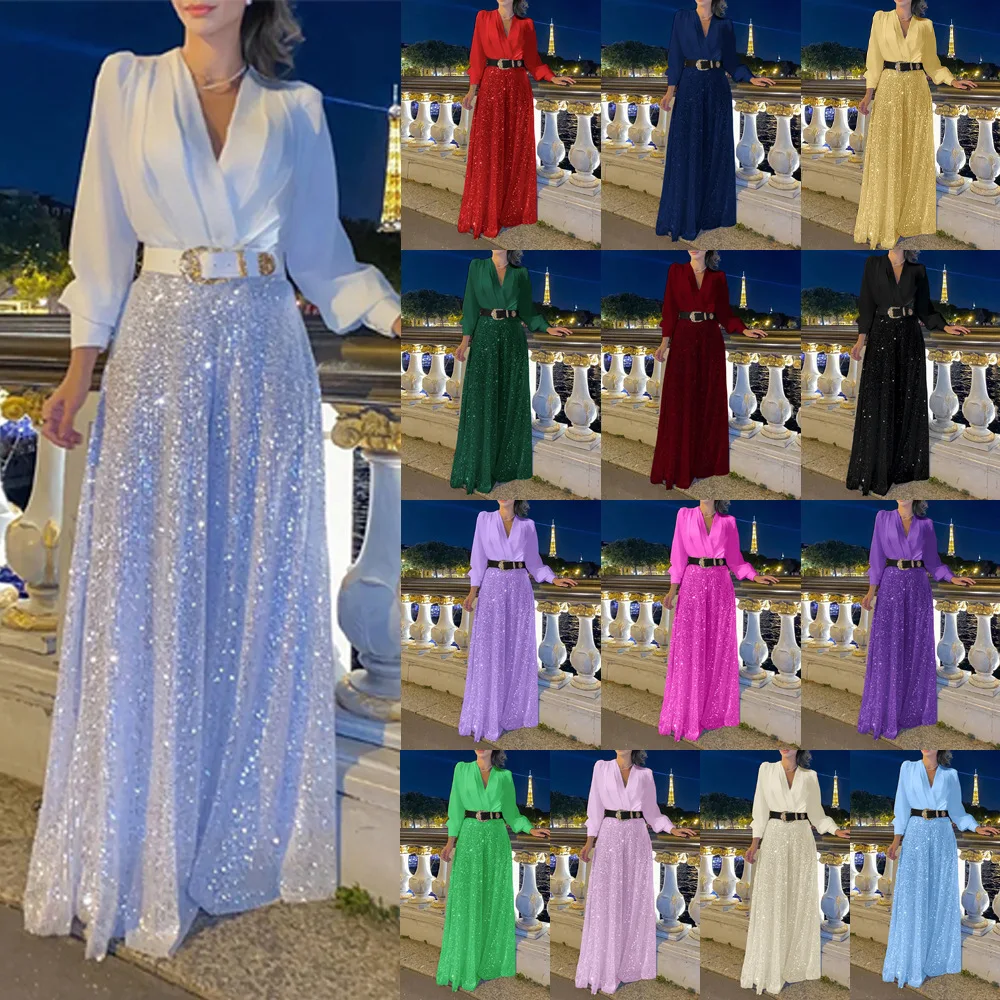 cross-border women's clothing new models, fashionable V-neck temperament elegant waist and thin sequined wide-leg long-sleeved
cross-border women's clothing new models, fashionable V-neck temperament elegant waist and thin sequined wide-leg long-sleeved