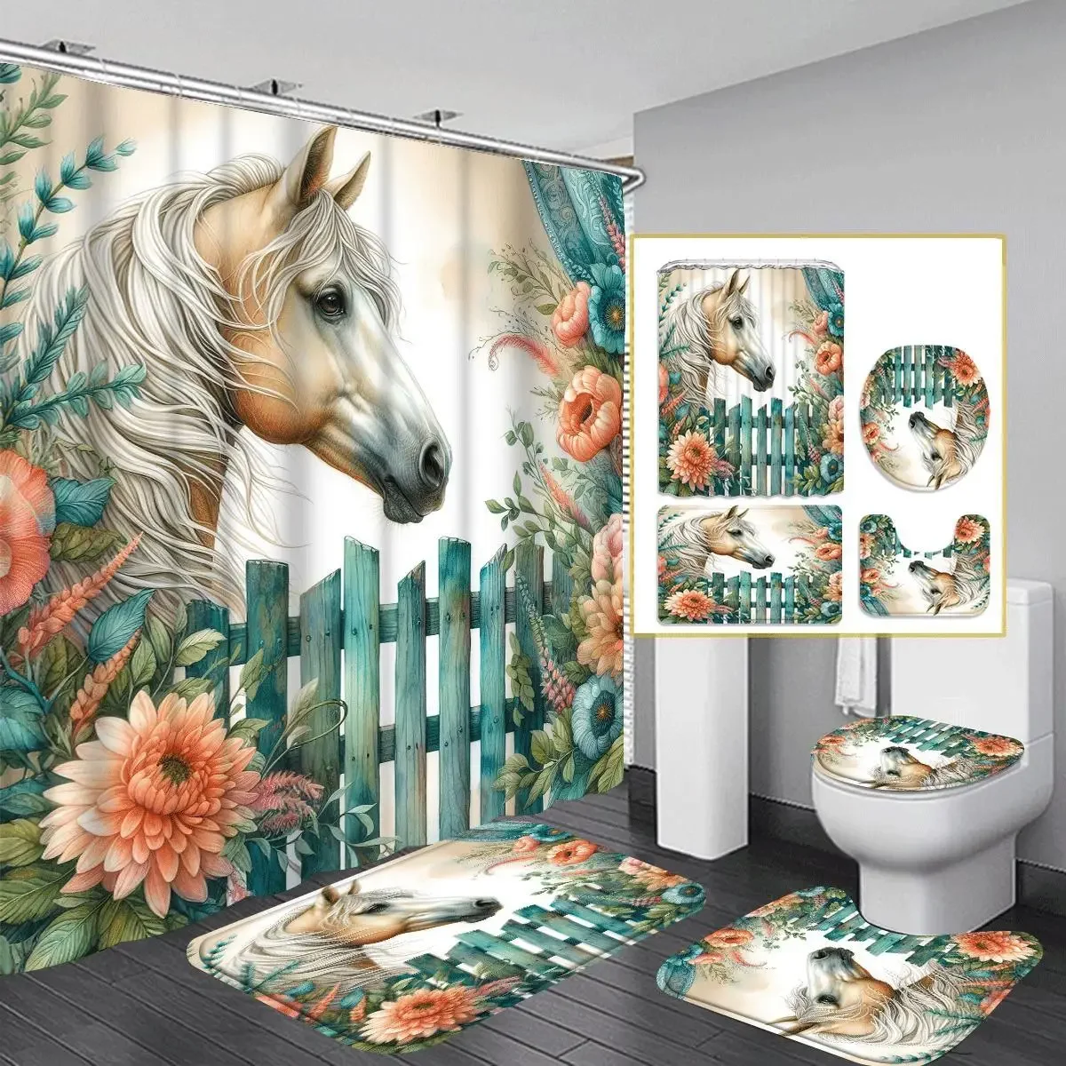Elegant Horse and Sunflower Print Shower Curtain Four-Piece Set - Modern Bathroom Decor for a Unique and Stylish Ambiance
Elegant Horse and Sunflower Print Shower Curtain Four-Piece Set - Modern Bathroom Decor for a Unique and Stylish Ambiance