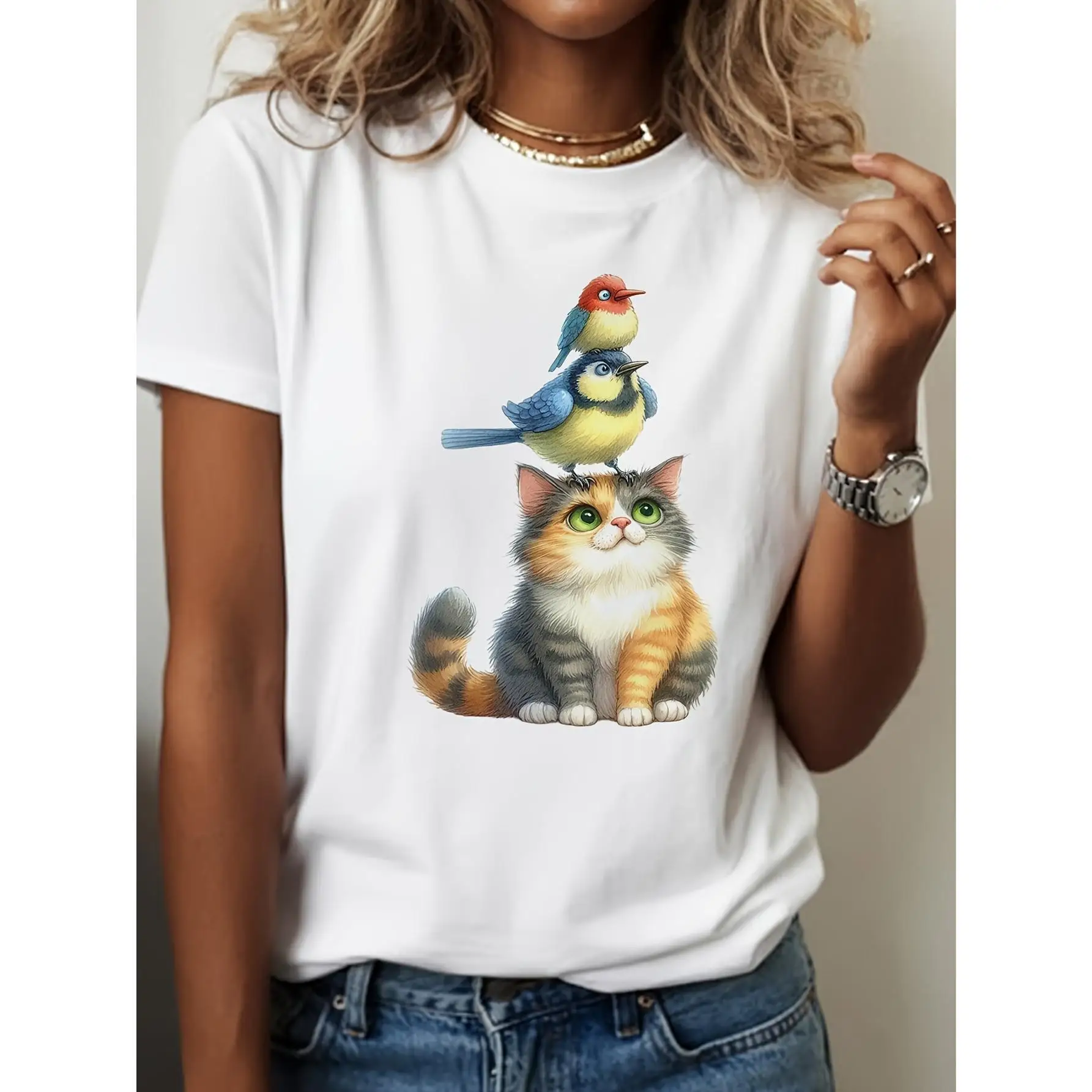 Women's Casual Short Sleeve T-Shirt With Whimsical Cat & Birds Perched On Head Graphic - Breathable Summer Tee, Regular Fit Roun
Women's Casual Short Sleeve T-Shirt With Whimsical Cat & Birds Perched On Head Graphic - Breathable Summer Tee, Regular Fit Roun
