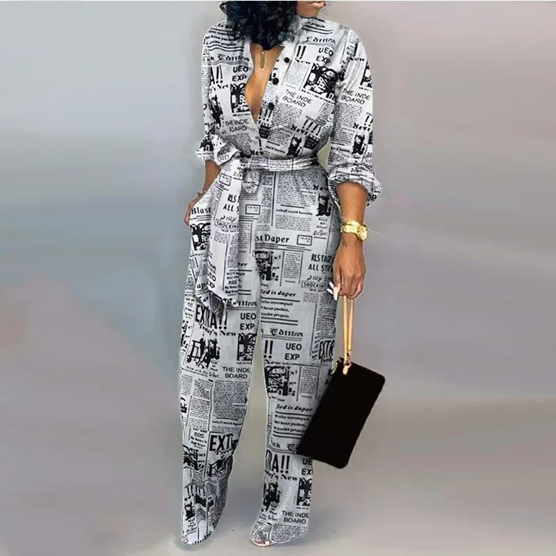 Fashion Casual Newspaper Print One Piece Pants Loose Lapel Long Sleeve Women's Shirt Pants Plus Size Jumpsuit Women
Fashion Casual Newspaper Print One Piece Pants Loose Lapel Long Sleeve Women's Shirt Pants Plus Size Jumpsuit Women