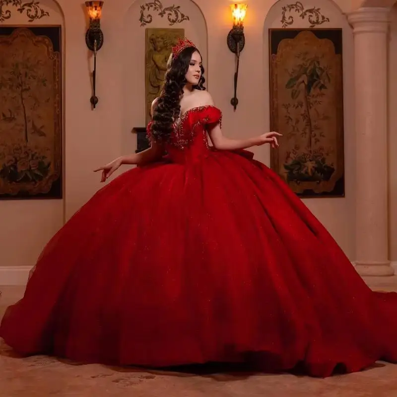 Red Shiny Quinceanera Dresses Ball Gown Applique Lace Beading Crystal Tull Party Birthday Sweet 16 Dress Vestidos De XV 15 Anos
Red Shiny Quinceanera Dresses Ball Gown Applique Lace Beading Crystal Tull Party Birthday Sweet 16 Dress Vestidos De XV 15 Anos