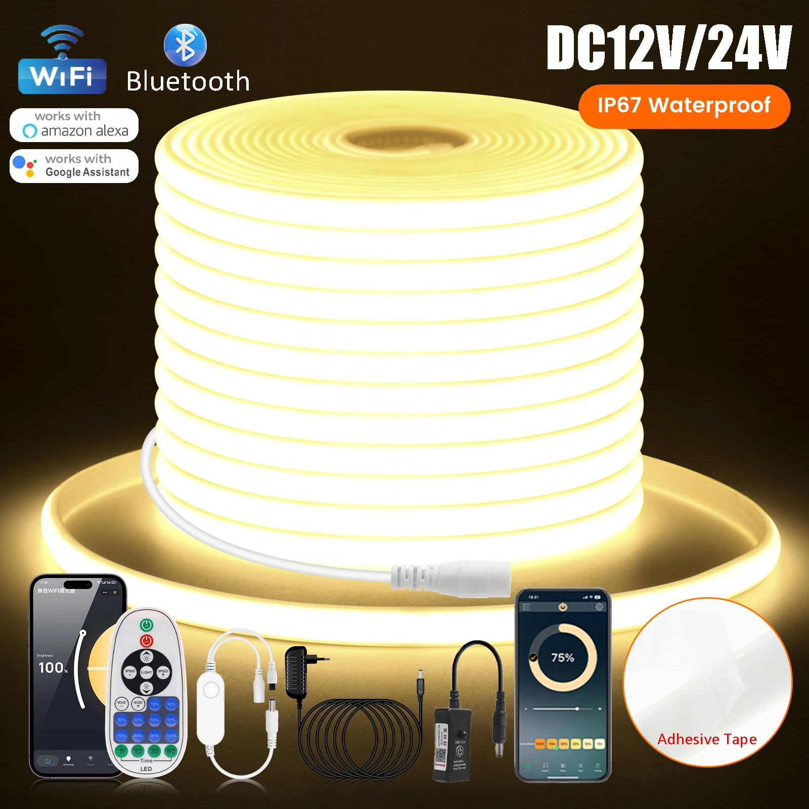 DC12V 24V COB LED Strip Waterproof 320LEDs/m Bluetooth Wifi APP Remote Control Dimmable LED Ribbon Tape for Room Kitchen Garden
DC12V 24V COB LED Strip Waterproof 320LEDs/m Bluetooth Wifi APP Remote Control Dimmable LED Ribbon Tape for Room Kitchen Garden