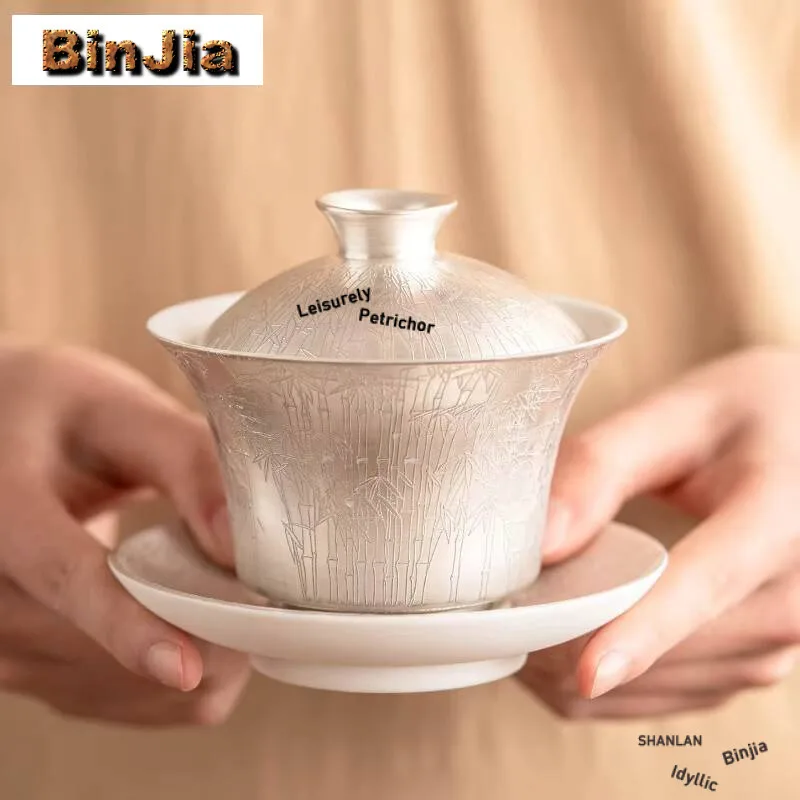 Высококачественная позолоченная чаша для чая Sier Gaiwan ручной работы с зеленым бамбуковым узором, чехол для изготовления турма, коллекция посуды, чайная церемония