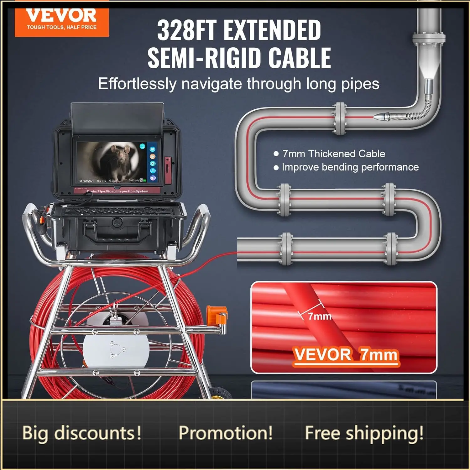 VEVOR Sewer Camera, 328 ft/100m, Self-Leveling Drain Camera with 10.1" Touchscreen, 512Hz Transmitter & Distance Counter, IP67 S
VEVOR Sewer Camera, 328 ft/100m, Self-Leveling Drain Camera with 10.1" Touchscreen, 512Hz Transmitter & Distance Counter, IP67 S