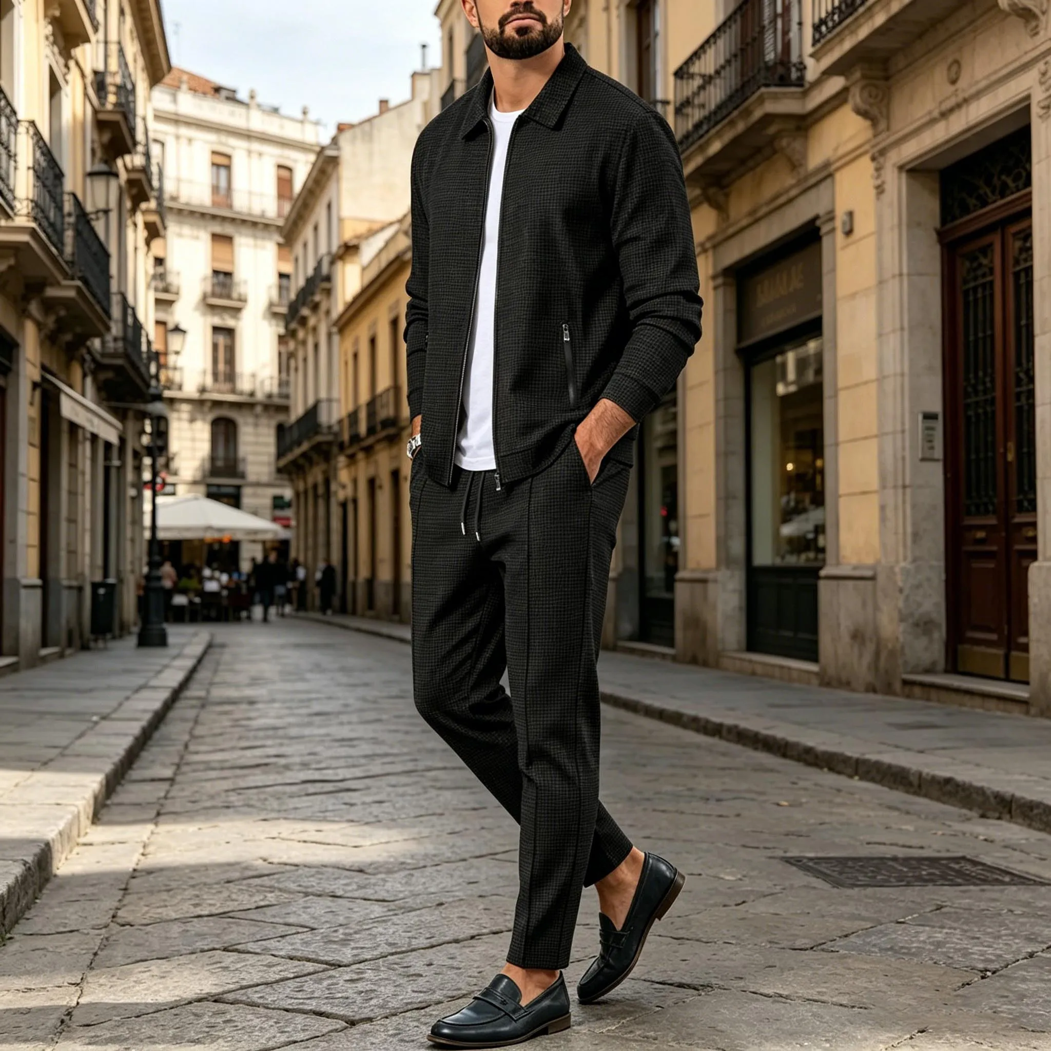 Men's 2 Piece Casual Set, Zip Up Collared Jacket and Drawstring Straight Leg Pants, Business Co Ord Outfit
Men's 2 Piece Casual Set, Zip Up Collared Jacket and Drawstring Straight Leg Pants, Business Co Ord Outfit