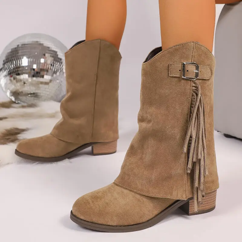 Vintage Tassel Thick High Heel Western Cowboy Boots Women 2025 Winter Metal Belt Buckle Suede Mid Calf Boots Woman's Long Boots
Vintage Tassel Thick High Heel Western Cowboy Boots Women 2025 Winter Metal Belt Buckle Suede Mid Calf Boots Woman's Long Boots