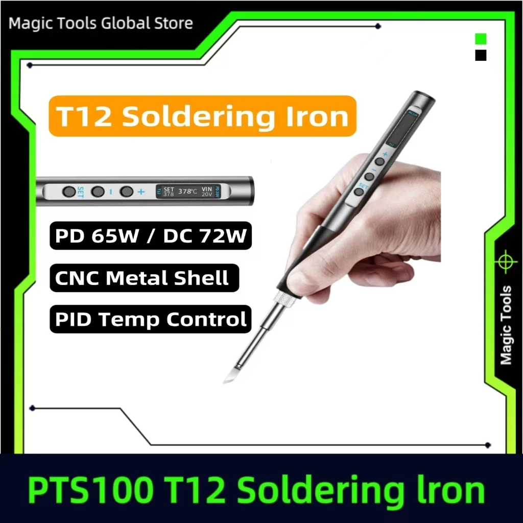PTS100 T12 Soldering Iron Type-C Powered, PD Fast Charge, 65W High Power, Full Metal CNC Body, Adjustable Temperature
PTS100 T12 Soldering Iron Type-C Powered, PD Fast Charge, 65W High Power, Full Metal CNC Body, Adjustable Temperature