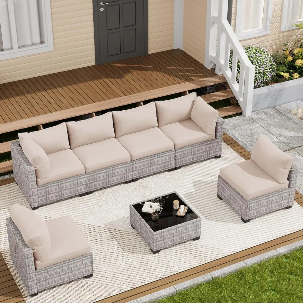 7-Piece Outdoor Patio Furniture Set, Sectional Sofa, Wicker Rattan Seating, Patio Conversation Set with Coffee Table and Cushion
7-Piece Outdoor Patio Furniture Set, Sectional Sofa, Wicker Rattan Seating, Patio Conversation Set with Coffee Table and Cushion