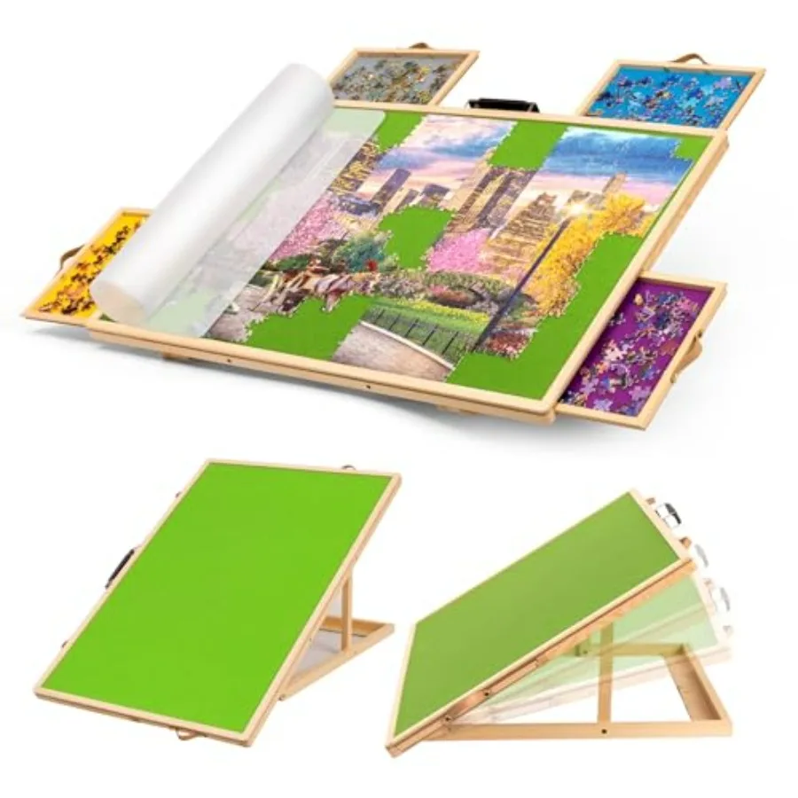 Convertible jigsaw puzzle board for home use, wooden material, green color, two-way adjustable tilting plateau with cover and 4
Convertible jigsaw puzzle board for home use, wooden material, green color, two-way adjustable tilting plateau with cover and 4