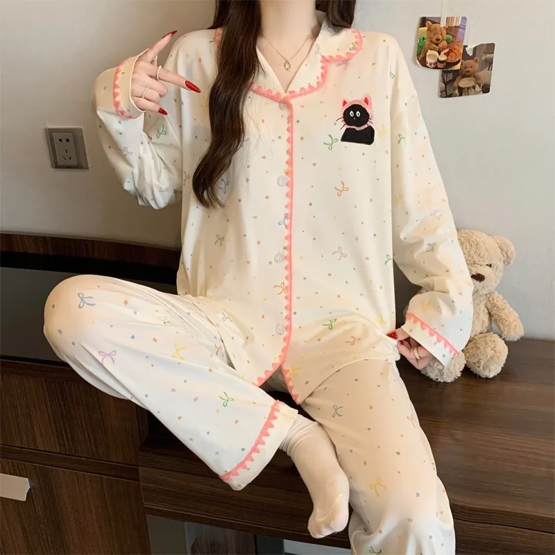 Women's Cute Black Cat Print Pajamas Set Colorful Dot Bow Long Sleeve Button Down Sleepwear Soft 2 Piece Loungewear for Home
Women's Cute Black Cat Print Pajamas Set Colorful Dot Bow Long Sleeve Button Down Sleepwear Soft 2 Piece Loungewear for Home