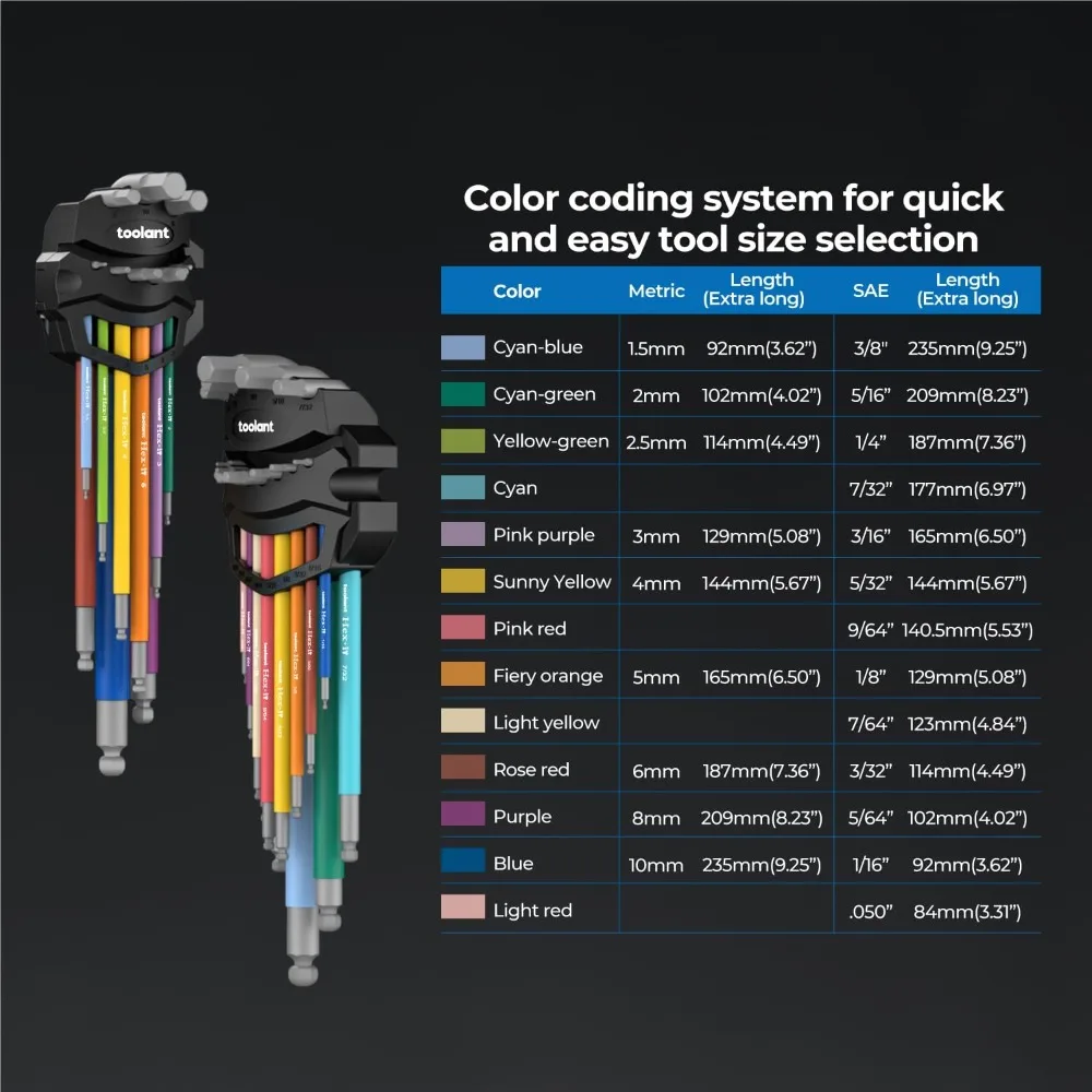 Allen Wrenches Sets 22pcs(Metric&SAE), Extra Long Arm Allen Key Set with Ball End, Crafted Hex Key Set with Color Coded Sleeves
Allen Wrenches Sets 22pcs(Metric&SAE), Extra Long Arm Allen Key Set with Ball End, Crafted Hex Key Set with Color Coded Sleeves