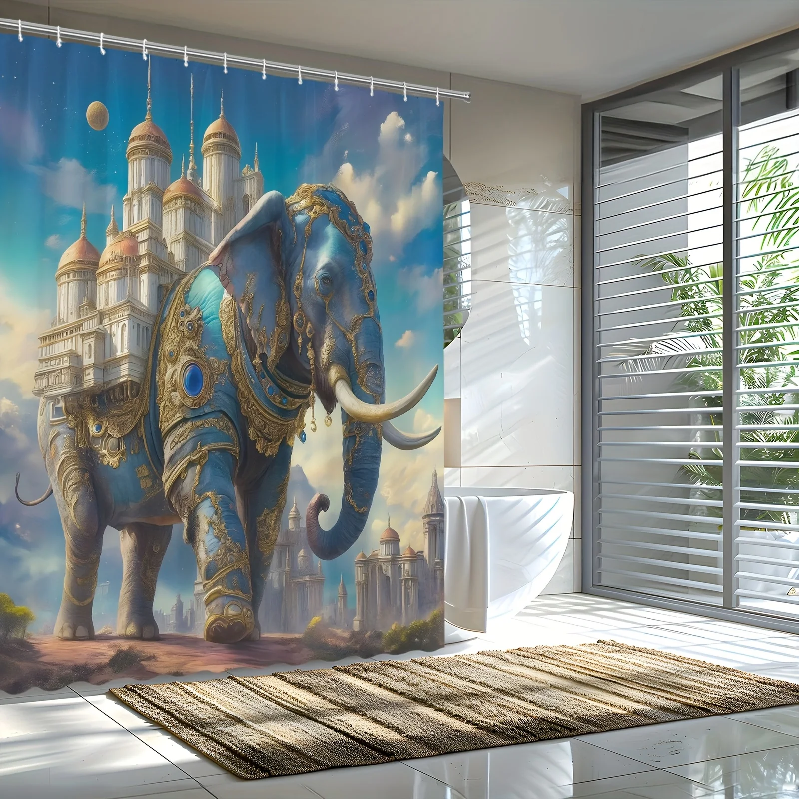 Занавеска для душа с замоком слона в стиле фэнтези — синий слон в золотой доспехе, волшебная сцена, полиэфирная ткань, включает 12 крючков 
Занавеска для душа с замоком слона в стиле фэнтези — синий слон в золотой доспехе, волшебная сцена, полиэфирная ткань, включает 12 крючков