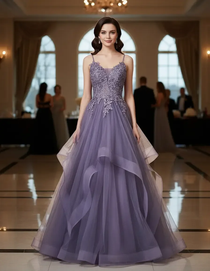 Purple Spaghetti Strap Tulle Ball Gown with Lace Appliques & Corset Back for Quinceanera, Prom, Formal Events & Evening Parties
Purple Spaghetti Strap Tulle Ball Gown with Lace Appliques & Corset Back for Quinceanera, Prom, Formal Events & Evening Parties