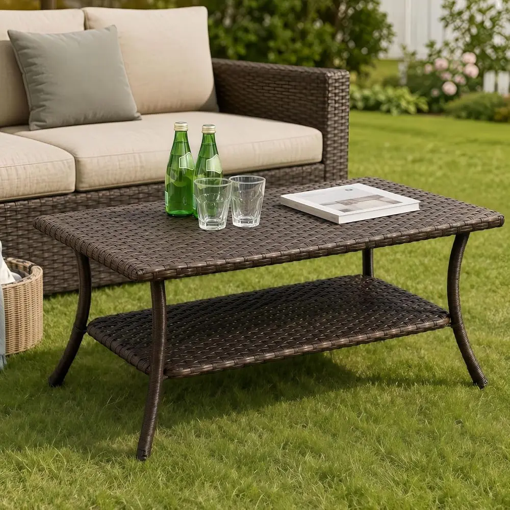 42 Two-Level Outdoor Patio Coffee Table, Brown PE Rattan with Powder-Coated Metal Frame for Garden and Backyard Storage
42 Two-Level Outdoor Patio Coffee Table, Brown PE Rattan with Powder-Coated Metal Frame for Garden and Backyard Storage