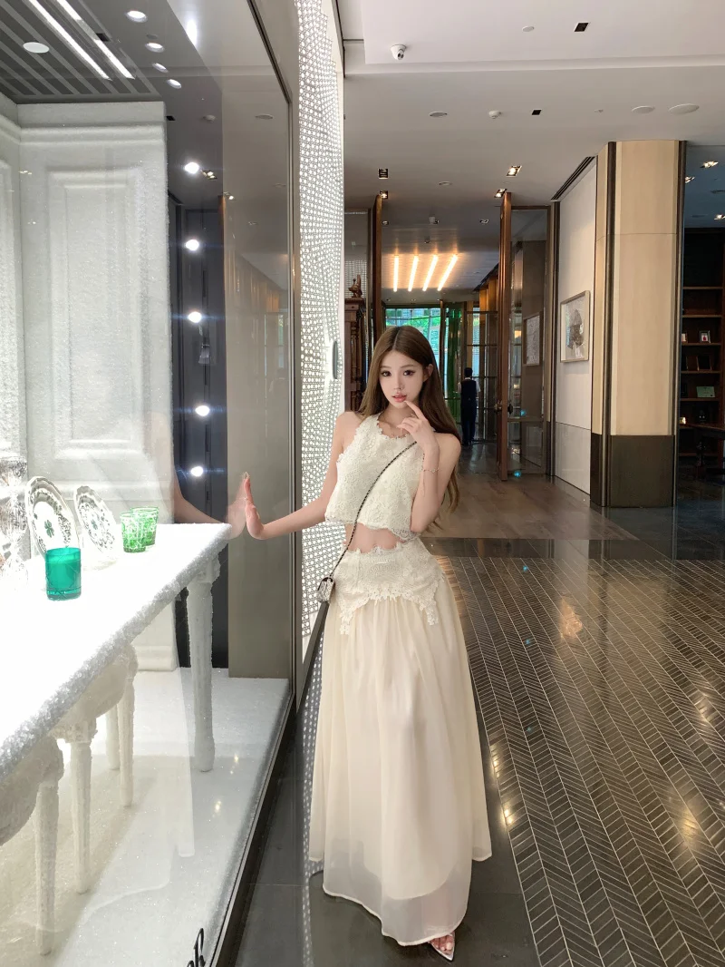Lace Splice Pure Desire Backless Sleeveless Vest Top Women Summer Set High Waist Mesh Skirt Half Skirt Two Piece Set
Lace Splice Pure Desire Backless Sleeveless Vest Top Women Summer Set High Waist Mesh Skirt Half Skirt Two Piece Set