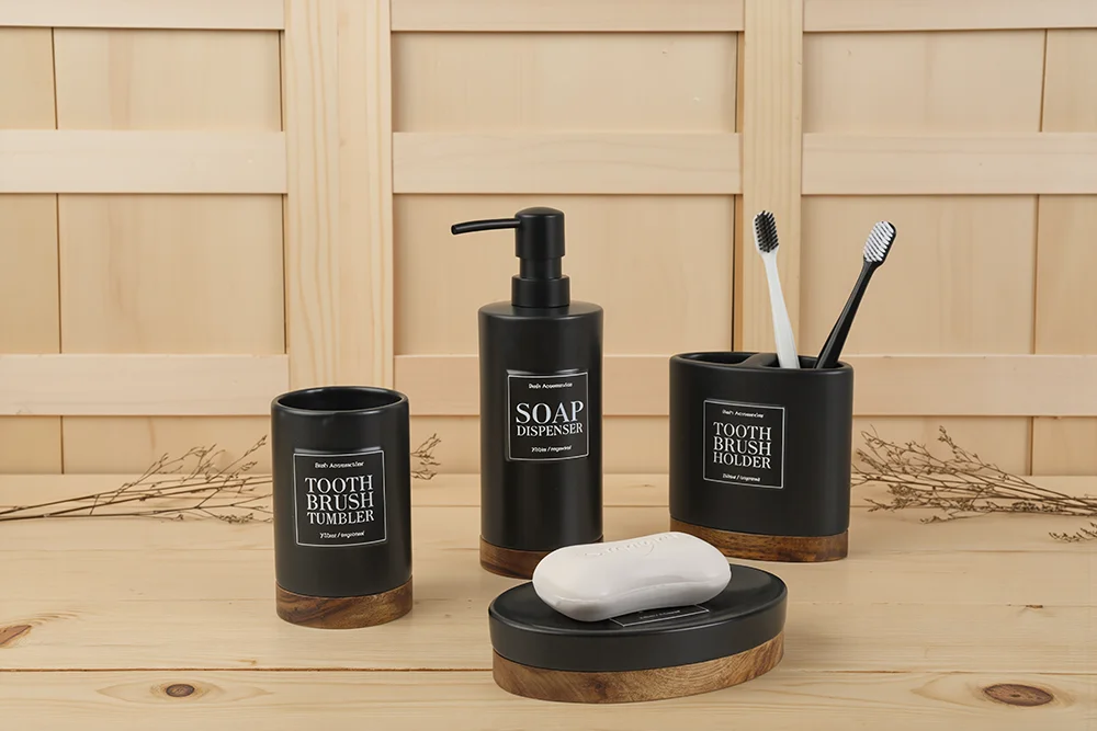 Ceramic Bathroom Accessories Set 4pcs Soap Dispenser Tumbler Toothbrush Holder Soap Dish Acacia wood
Ceramic Bathroom Accessories Set 4pcs Soap Dispenser Tumbler Toothbrush Holder Soap Dish Acacia wood