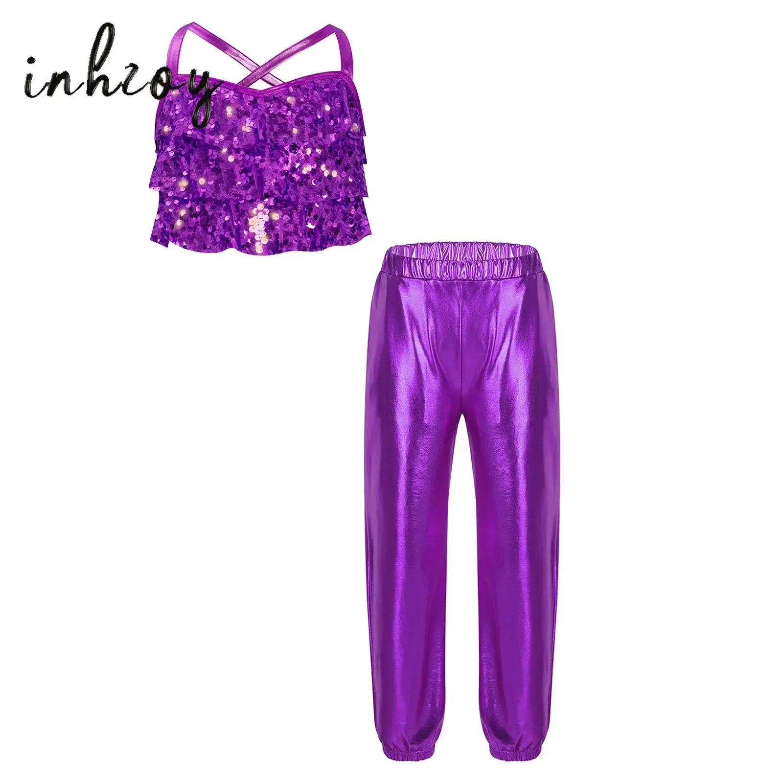 Kids Girls Jazz Dance Costume 2Pcs Glittery Sequins Tiered Ruffles Metallic Tank Crop Top+Metallic Pants Hip hop Streetwear
Kids Girls Jazz Dance Costume 2Pcs Glittery Sequins Tiered Ruffles Metallic Tank Crop Top+Metallic Pants Hip hop Streetwear