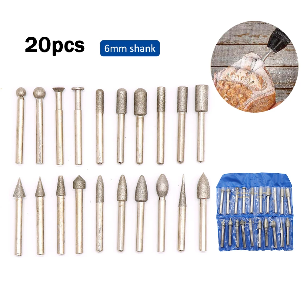 20pcs Diamond Drill Grinding Bit Set 6mm Shank Mini Drill Burrs Bit Set for Dremel Rotary Tool Stone Jade Grinding Accessories
20pcs Diamond Drill Grinding Bit Set 6mm Shank Mini Drill Burrs Bit Set for Dremel Rotary Tool Stone Jade Grinding Accessories