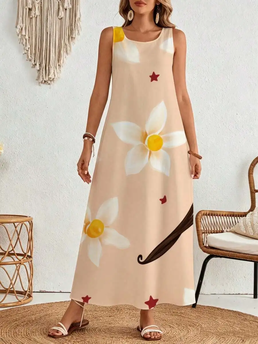 Sleeveless Beige Maxi Dress Floral Star Print Summer Beach Vacation Wear
Sleeveless Beige Maxi Dress Floral Star Print Summer Beach Vacation Wear
