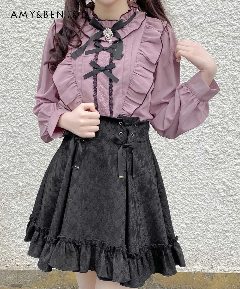 Japanese Rojita Sweet Girl Lace Print Lace Bow Black Skirt Mine Ruffled Pleated High Waist Slim Mini Skirt Commute A-line Skirt
Japanese Rojita Sweet Girl Lace Print Lace Bow Black Skirt Mine Ruffled Pleated High Waist Slim Mini Skirt Commute A-line Skirt