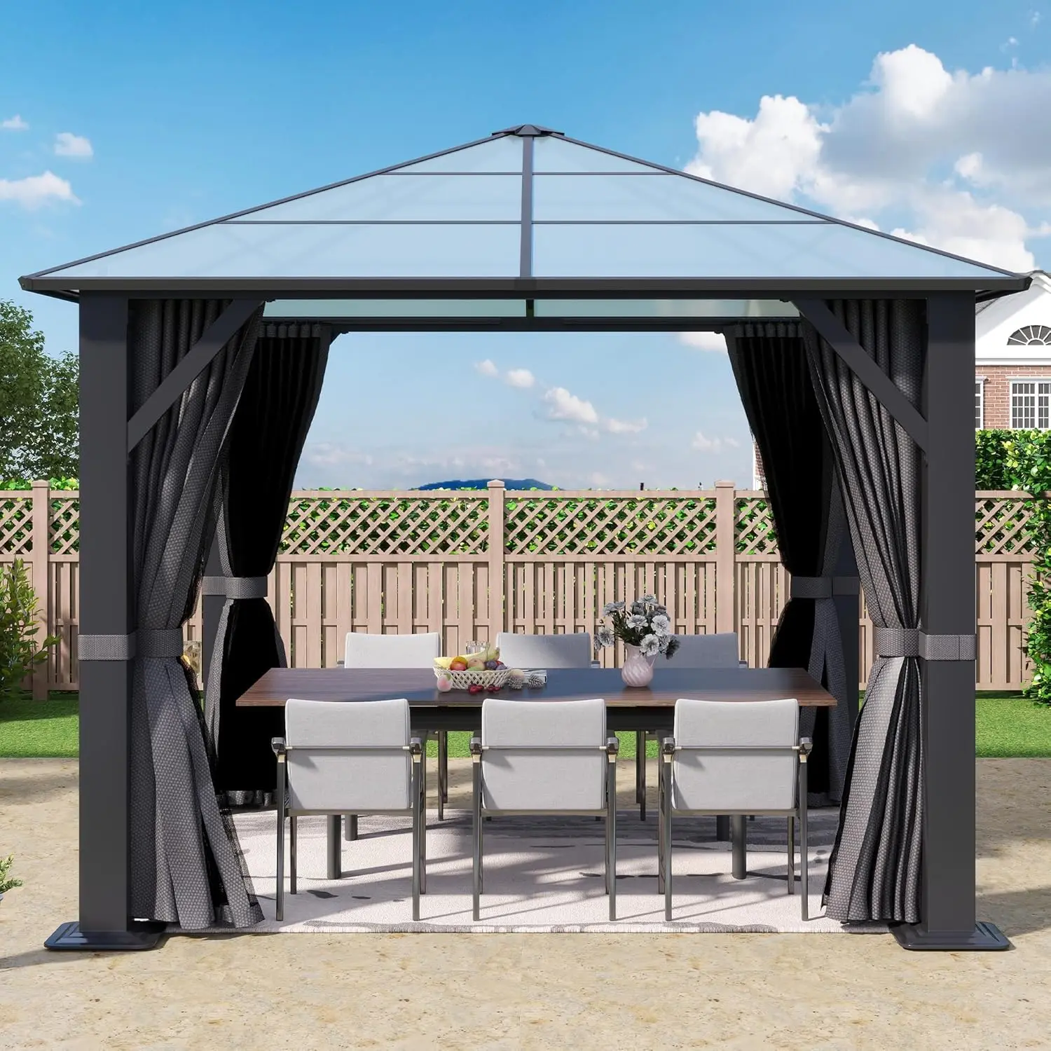 10'x10' Hardtop Gazebo, Outdoor Polycarbonate Roof Gazebo Metal Frame Permanent Pavilion with Netting & Curtains, Customized
10'x10' Hardtop Gazebo, Outdoor Polycarbonate Roof Gazebo Metal Frame Permanent Pavilion with Netting & Curtains, Customized