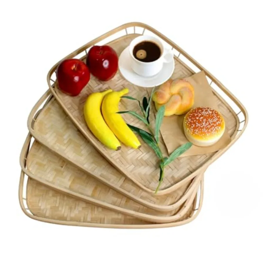 Set of 4 Bamboo Wicker Serving Trays for Foods and Drinks Rectangular Breakfast Lap Trays with Handles Wooden Decorative Platte
Set of 4 Bamboo Wicker Serving Trays for Foods and Drinks Rectangular Breakfast Lap Trays with Handles Wooden Decorative Platte