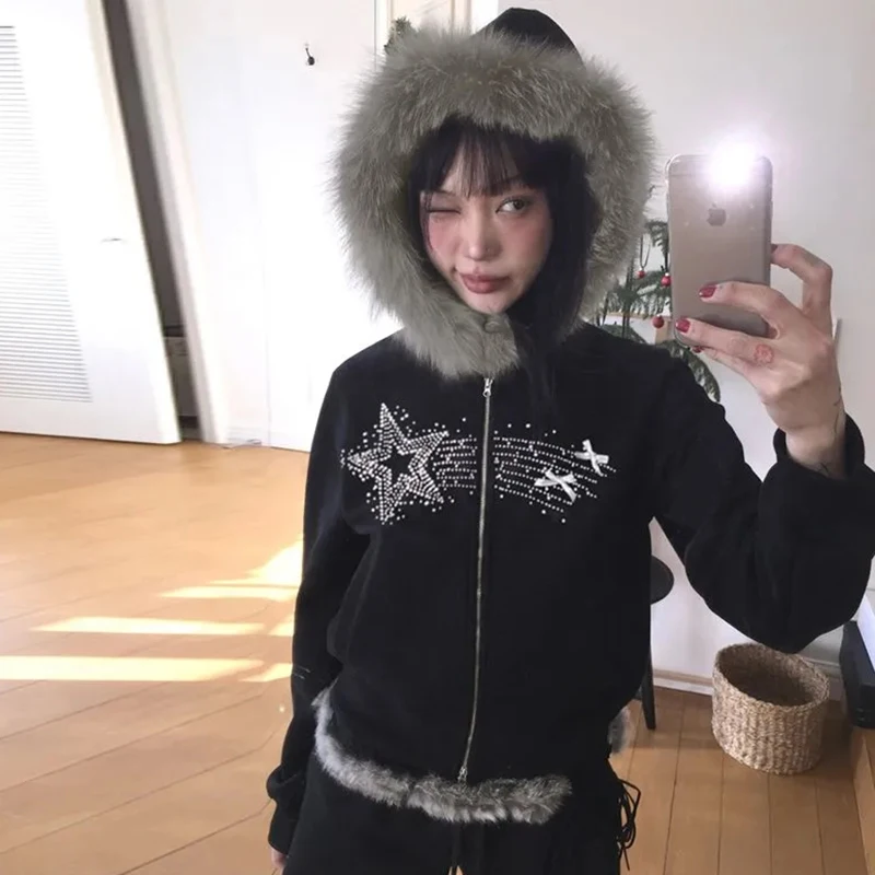 Женские толстовки Y2K Subculture, осень-зима, винтажная уличная одежда, толстовки в стиле Харадзюку, двусторонние пальто на молнии с горячими бриллиантами
Женские толстовки Y2K Subculture, осень-зима, винтажная уличная одежда, толстовки в стиле Харадзюку, двусторонние пальто на молнии с горячими бриллиантами