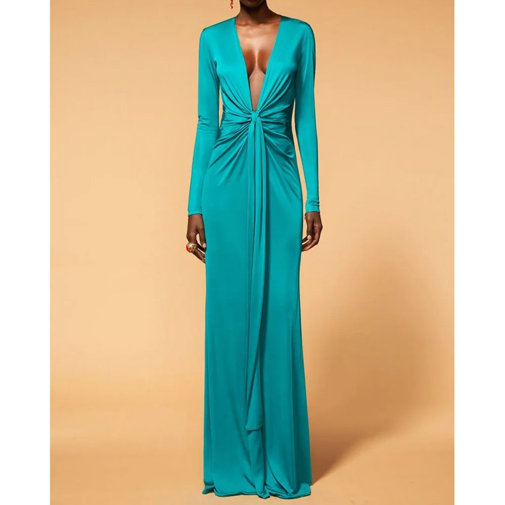 Summer New Arrive Deep V Neck Long Sleeves Simple Soloid Color Prom Gown Mermaid Floor Length Dinner Party Dress
Summer New Arrive Deep V Neck Long Sleeves Simple Soloid Color Prom Gown Mermaid Floor Length Dinner Party Dress