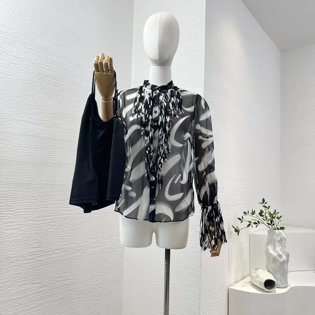 New Arrivals High Quality Silk Black White Hand Painting Long Sleeve Tassel Women Blouse Tops
New Arrivals High Quality Silk Black White Hand Painting Long Sleeve Tassel Women Blouse Tops