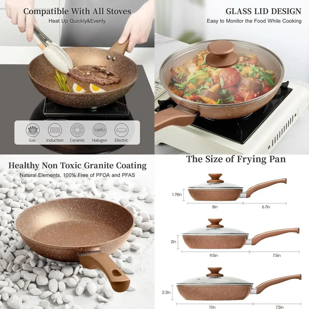 Набор посуды из гранита с антипригарным покрытием - 3 предмета, индукционные сковороды с крышками, без токсичных веществ, для приготовления омлетов и яичницы
Набор посуды из гранита с антипригарным покрытием - 3 предмета, индукционные сковороды с крышками, без токсичных веществ, для приготовления омлетов и яичницы