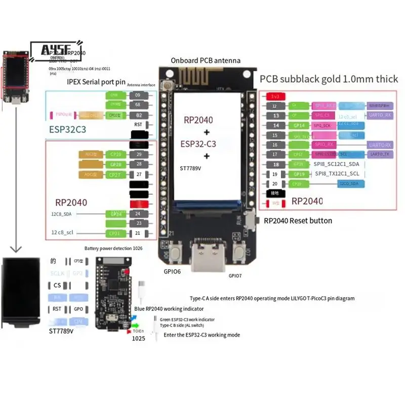 A45F-T-Picoc3 ESP32-C3 RP2040 Wireless WIFI Bluetooth Module Development Board Dual MCU 1.14 Inch ST7789 Display For Arduino
A45F-T-Picoc3 ESP32-C3 RP2040 Wireless WIFI Bluetooth Module Development Board Dual MCU 1.14 Inch ST7789 Display For Arduino