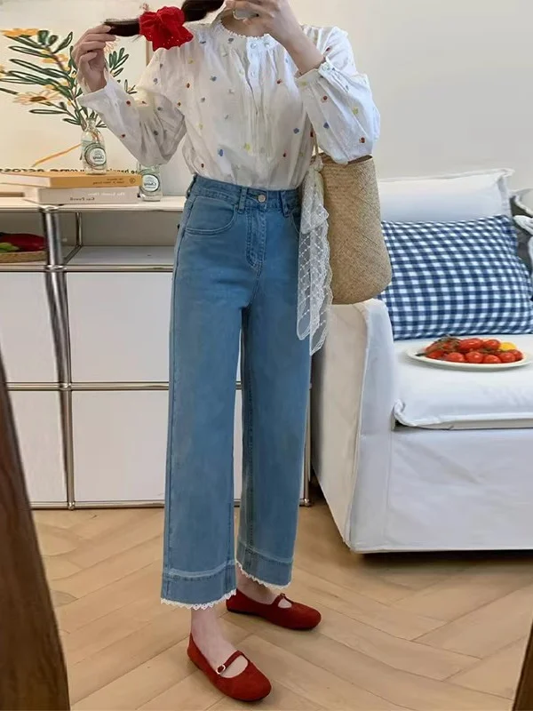 Summer Women's Lace Trim Straight Leg Jeans Elastic Wide Leg Pants High Waist Thinming Trousers Comfortable Fit Casual Jeans
Summer Women's Lace Trim Straight Leg Jeans Elastic Wide Leg Pants High Waist Thinming Trousers Comfortable Fit Casual Jeans