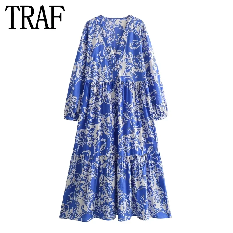 TRAF 2024 Blue Long Dress Woman Vintage Print Ruffle Midi Dresses Ruched Casual Dresses For Women Youth Loose Women's Dress
TRAF 2024 Blue Long Dress Woman Vintage Print Ruffle Midi Dresses Ruched Casual Dresses For Women Youth Loose Women's Dress