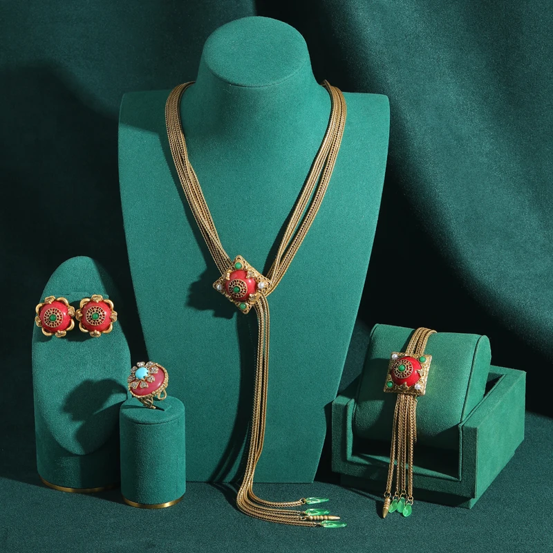 Vintage Red Jewelry Set Gold Color Glass Pumpkin Stud Earring Long Tassel Necklace Layer Bracelets Turquoise Rings Wedding Charm
Vintage Red Jewelry Set Gold Color Glass Pumpkin Stud Earring Long Tassel Necklace Layer Bracelets Turquoise Rings Wedding Charm