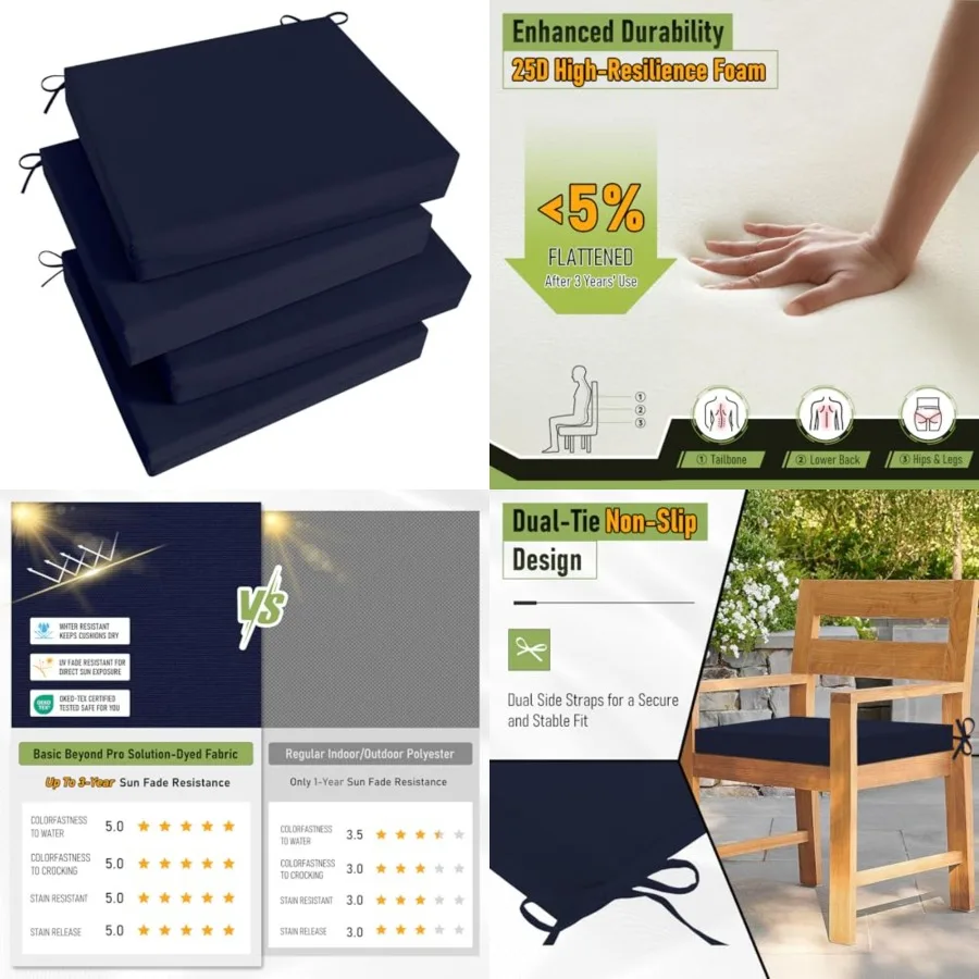 Outdoor Chair Cushions Set of 4, Square Corner Outdoor Cushions for Patio Furniture, Water Resistant Patio Chair Cushions with 2 Ties, 18.5x16x3, Navy
Outdoor Chair Cushions Set of 4, Square Corner Outdoor Cushions for Patio Furniture, Water Resistant Patio Chair Cushions with 2 Ties, 18.5x16x3, Navy