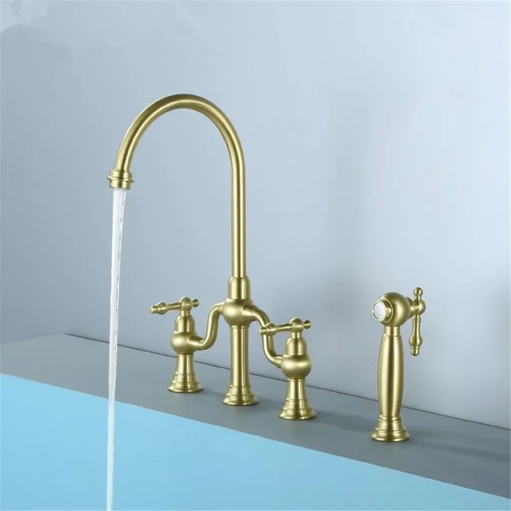 Brushed Gold Kitchen Faucet Deck Mounted with Hand Shower Head Black Pot Filler Tap Hot Cold Function Black Sink Brass Spout
Brushed Gold Kitchen Faucet Deck Mounted with Hand Shower Head Black Pot Filler Tap Hot Cold Function Black Sink Brass Spout
