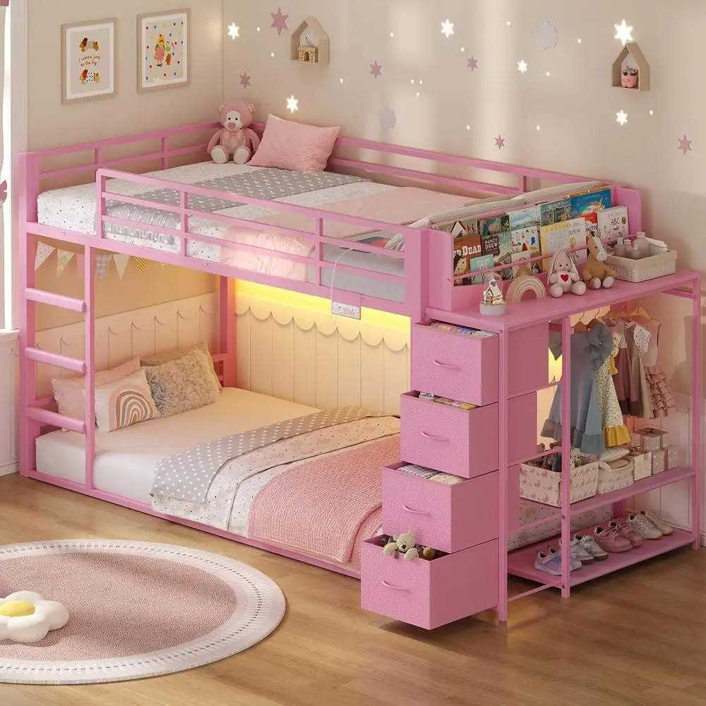Twin Over Twin Bunk Bed with Bookshelf, Storage Drawers, Metal Frame, Charging Station, RGB Lights, Clothing Rack, Shelves, Safe
Twin Over Twin Bunk Bed with Bookshelf, Storage Drawers, Metal Frame, Charging Station, RGB Lights, Clothing Rack, Shelves, Safe